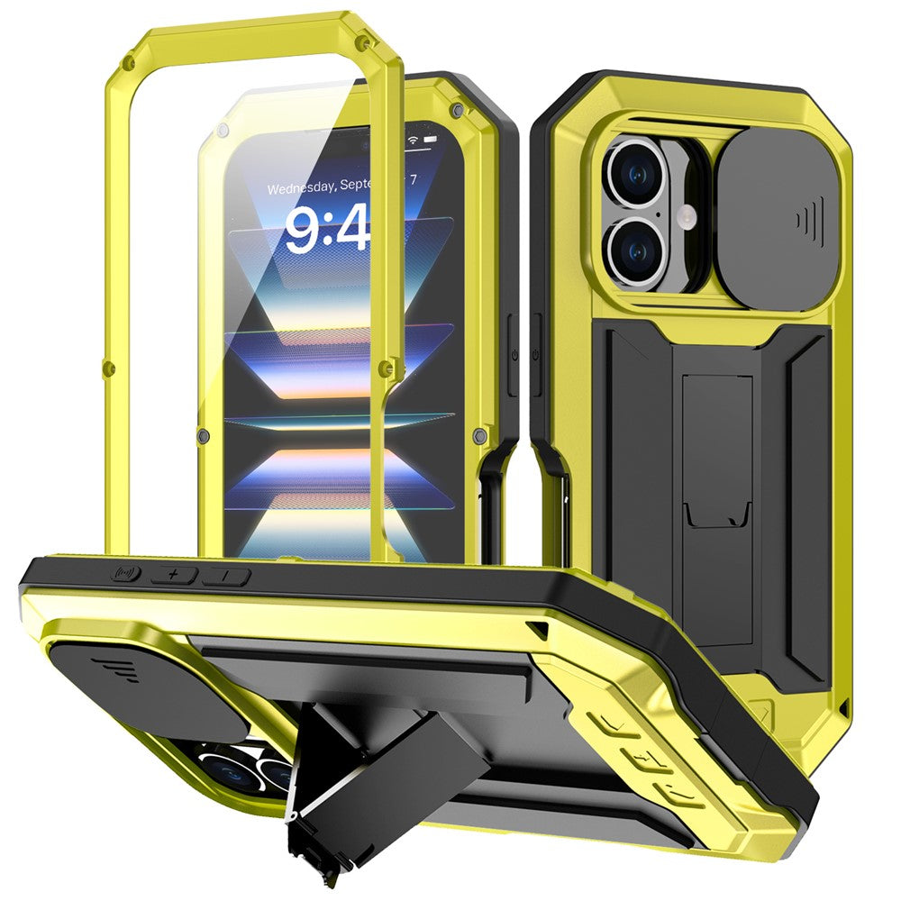 R-JUST For iPhone 16 Kickstand Case Silicone+Metal+PC+Tempered Glass Screen Film Phone Cover
