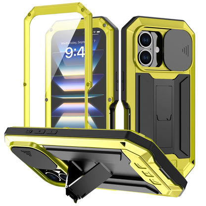 R-JUST For iPhone 16 Kickstand Case Silicone+Metal+PC+Tempered Glass Screen Film Phone Cover