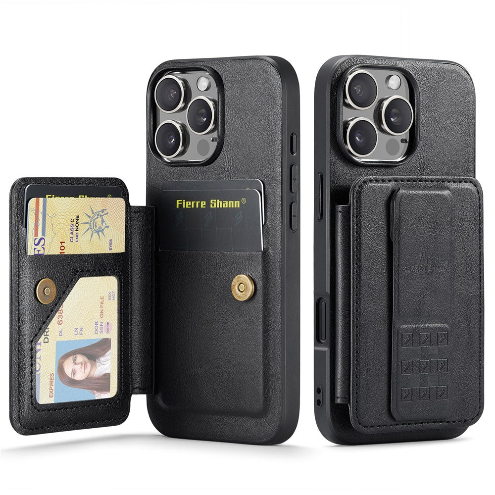 FIERRE SHANN 024 For iPhone 16 Pro Max Case Card Holder Kickstand Waxy Texture Leather+TPU Phone Cover