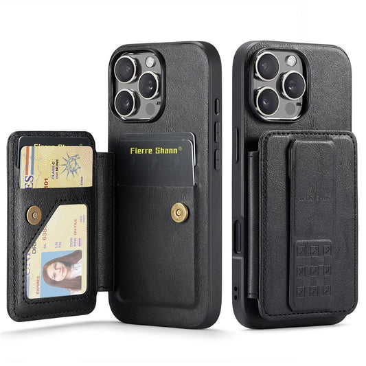 FIERRE SHANN 024 For iPhone 16 Pro Max Case Card Holder Kickstand Waxy Texture Leather+TPU Phone Cover