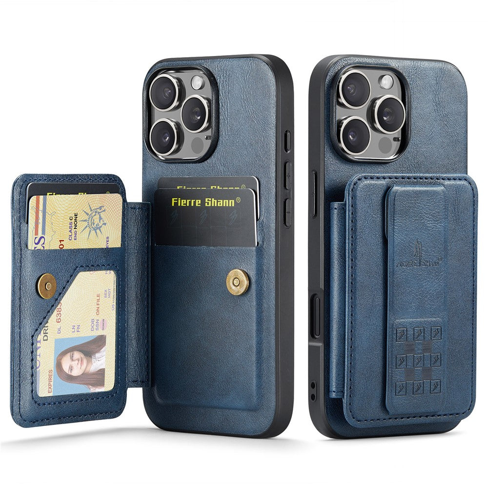 FIERRE SHANN 024 For iPhone 16 Pro Max Case Card Holder Kickstand Waxy Texture Leather+TPU Phone Cover