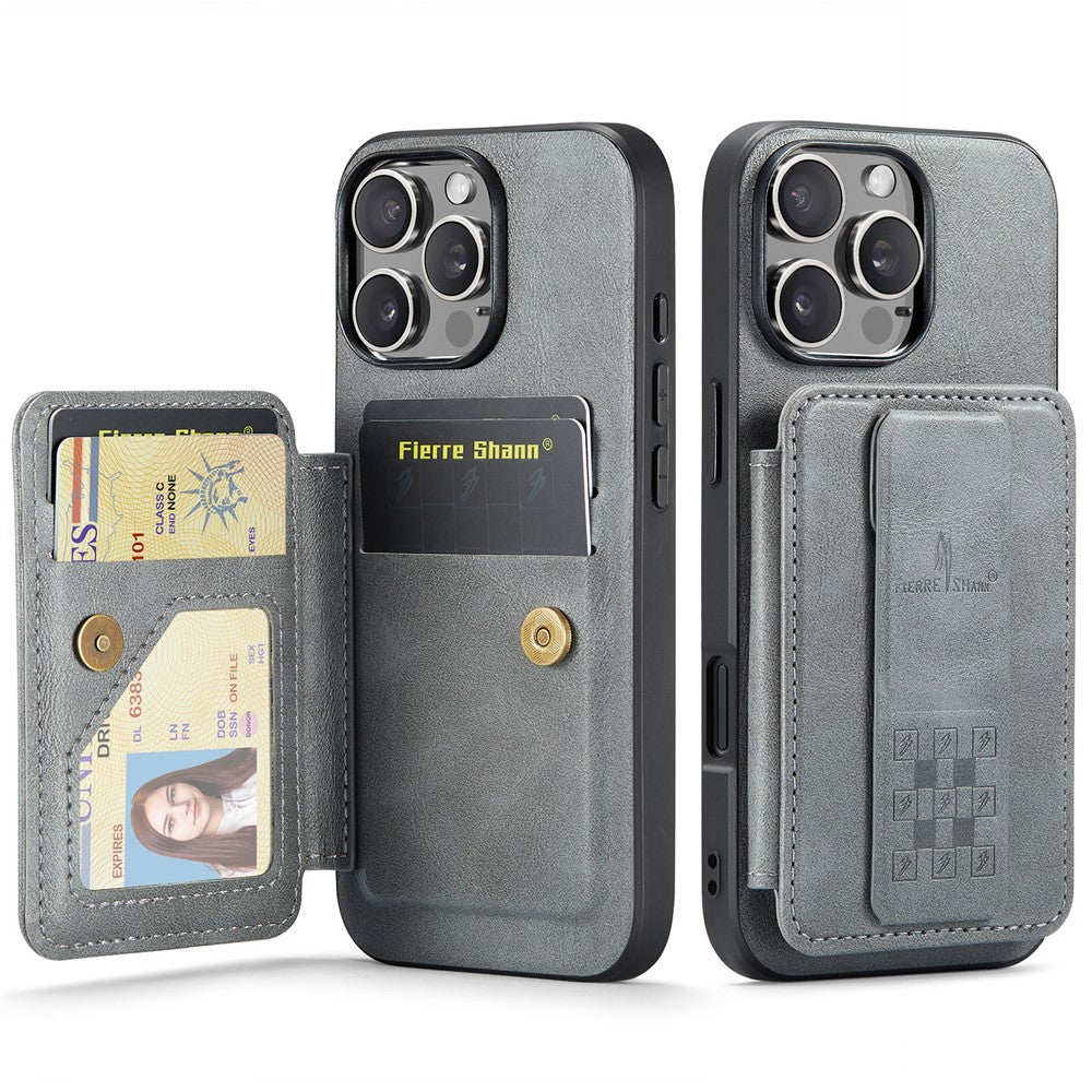 FIERRE SHANN 024 For iPhone 16 Pro Max Case Card Holder Kickstand Waxy Texture Leather+TPU Phone Cover