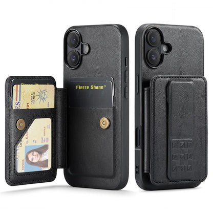 FIERRE SHANN 024 For iPhone 16 Case Card Holder Kickstand Waxy Texture Leather+TPU Phone Cover