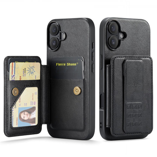 FIERRE SHANN 024 For iPhone 16 Case Card Holder Kickstand Waxy Texture Leather+TPU Phone Cover