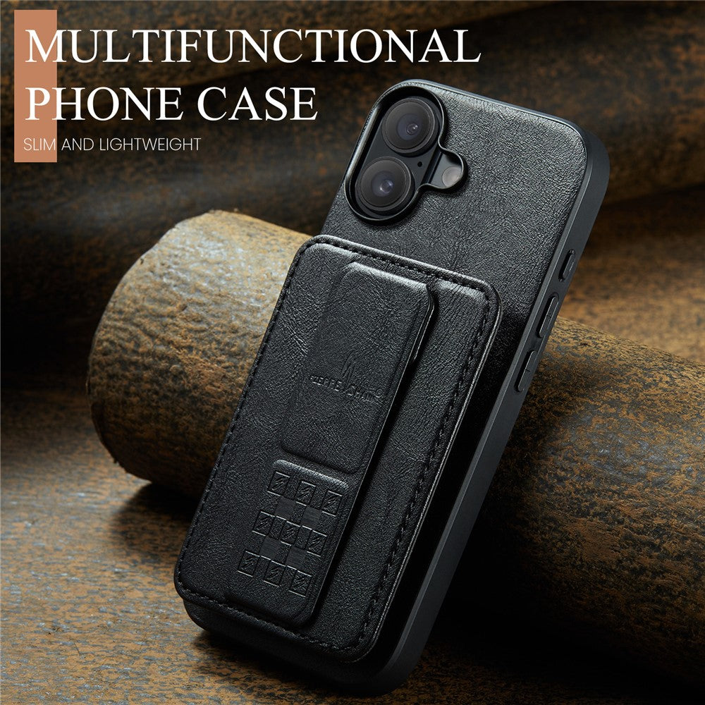 FIERRE SHANN 024 For iPhone 16 Case Card Holder Kickstand Waxy Texture Leather+TPU Phone Cover