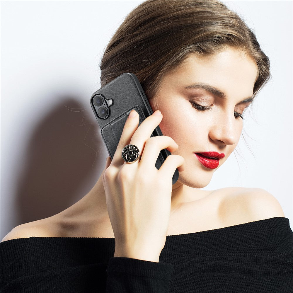 FIERRE SHANN 024 For iPhone 16 Case Card Holder Kickstand Waxy Texture Leather+TPU Phone Cover