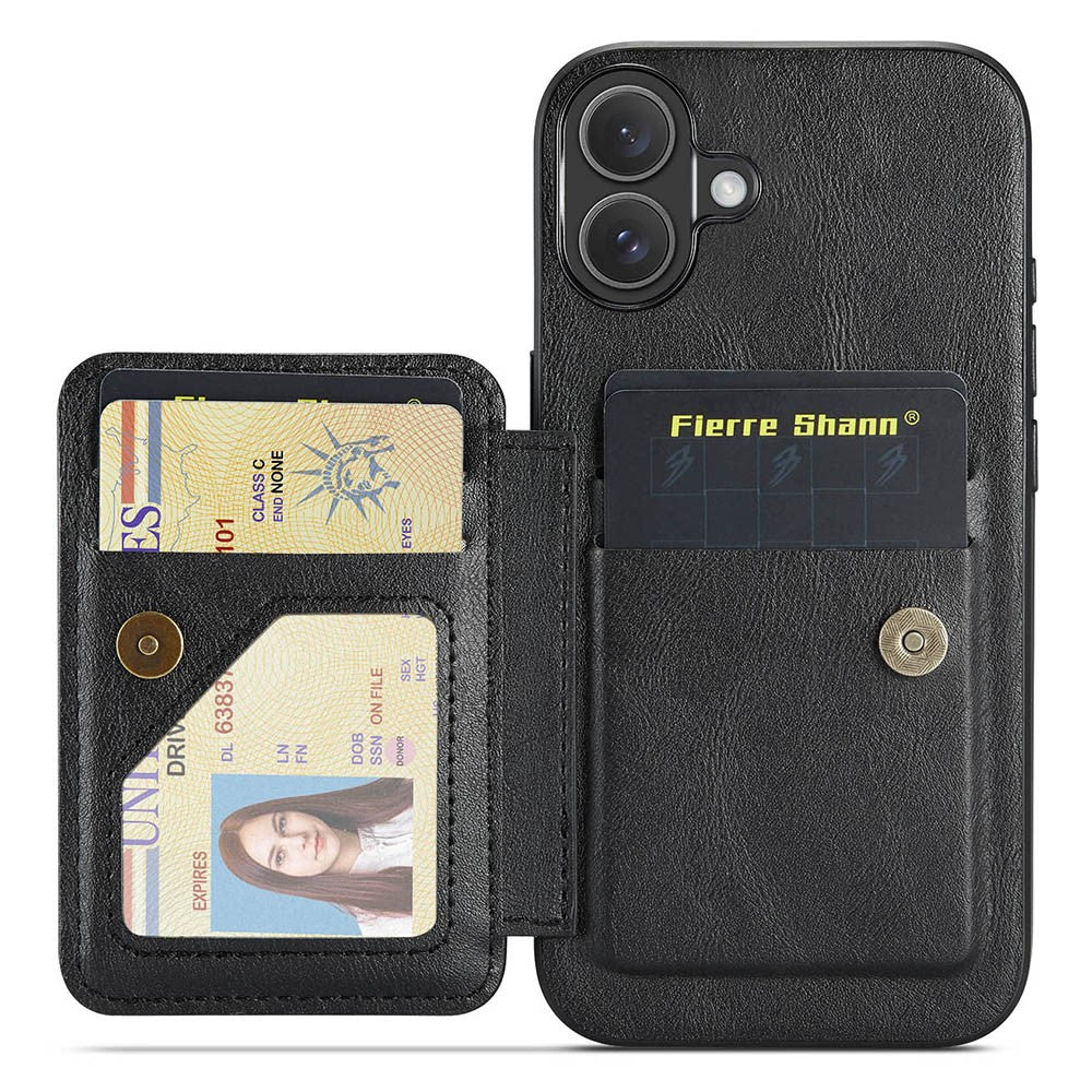 FIERRE SHANN 024 For iPhone 16 Case Card Holder Kickstand Waxy Texture Leather+TPU Phone Cover