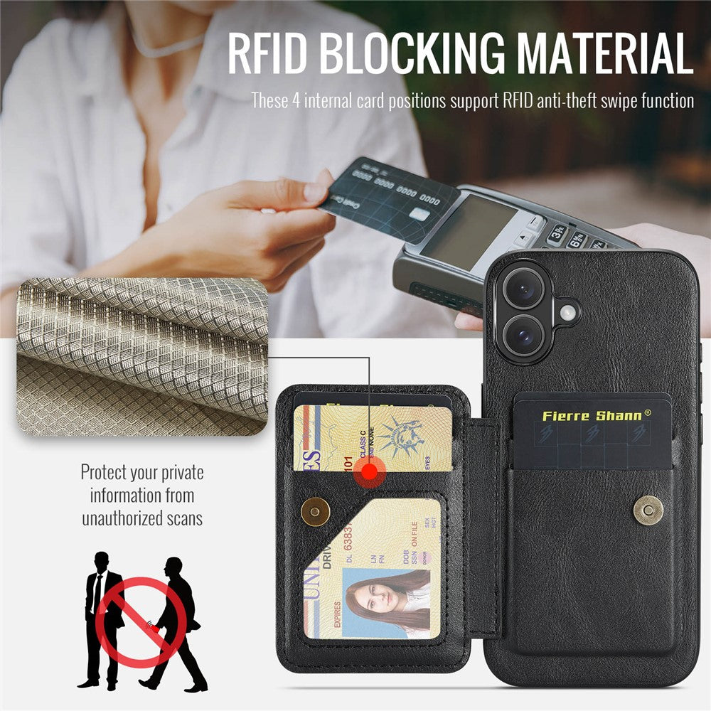 FIERRE SHANN 024 For iPhone 16 Case Card Holder Kickstand Waxy Texture Leather+TPU Phone Cover