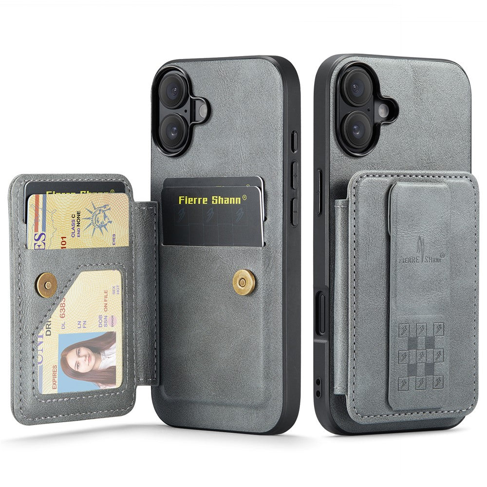 FIERRE SHANN 024 For iPhone 16 Case Card Holder Kickstand Waxy Texture Leather+TPU Phone Cover