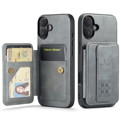 FIERRE SHANN 024 For iPhone 16 Case Card Holder Kickstand Waxy Texture Leather+TPU Phone Cover