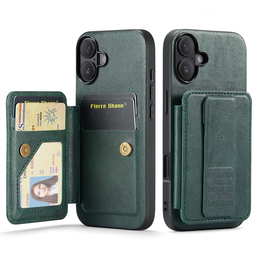 FIERRE SHANN 024 For iPhone 16 Case Card Holder Kickstand Waxy Texture Leather+TPU Phone Cover