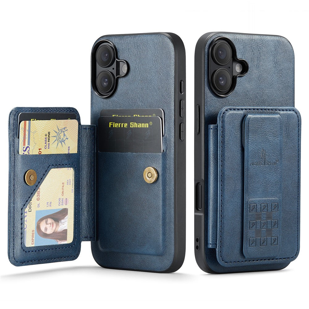 FIERRE SHANN 024 For iPhone 16 Case Card Holder Kickstand Waxy Texture Leather+TPU Phone Cover