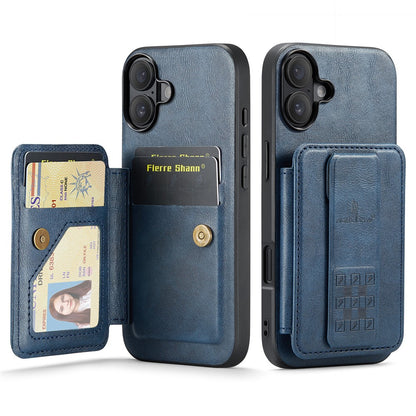 FIERRE SHANN 024 For iPhone 16 Case Card Holder Kickstand Waxy Texture Leather+TPU Phone Cover