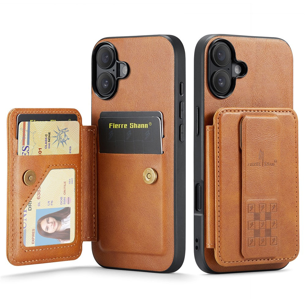 FIERRE SHANN 024 For iPhone 16 Case Card Holder Kickstand Waxy Texture Leather+TPU Phone Cover