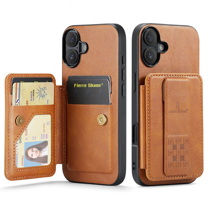 FIERRE SHANN 024 For iPhone 16 Case Card Holder Kickstand Waxy Texture Leather+TPU Phone Cover