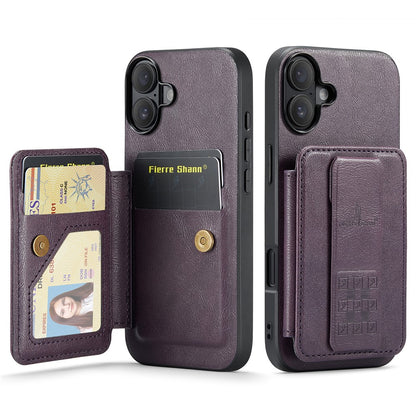 FIERRE SHANN 024 For iPhone 16 Case Card Holder Kickstand Waxy Texture Leather+TPU Phone Cover
