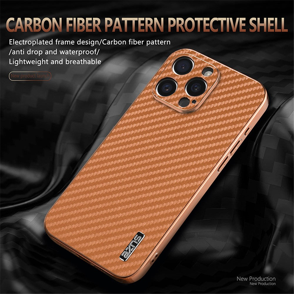 AZNS For iPhone 14 Pro Case Electroplating Carbon Fiber Texture PU+TPU Phone Cover