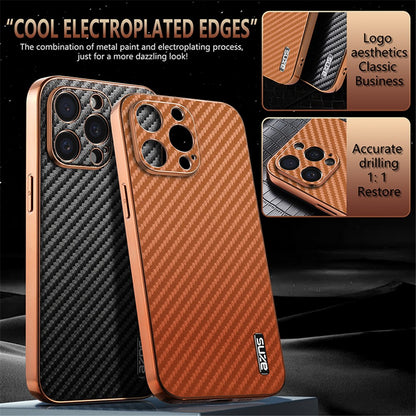 AZNS For iPhone 14 Pro Case Electroplating Carbon Fiber Texture PU+TPU Phone Cover