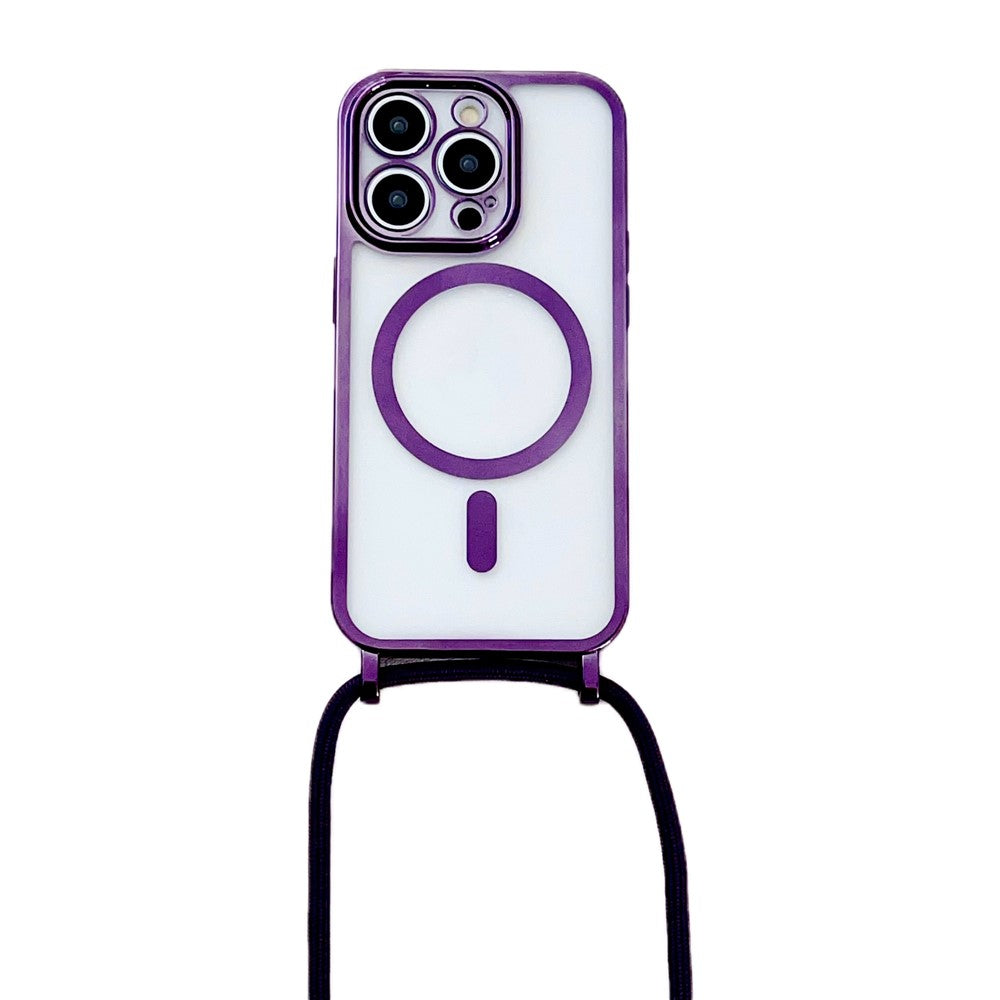 For iPhone 16 Pro Case Compatible with MagSafe Electroplating TPU Cellphone Protector with Long Lanyard