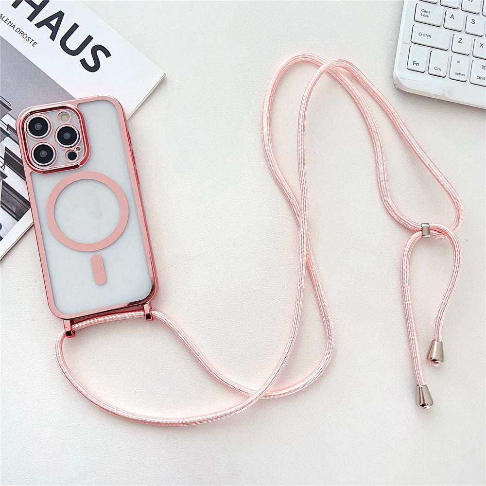 For iPhone 16 Pro Case Compatible with MagSafe Electroplating TPU Cellphone Protector with Long Lanyard