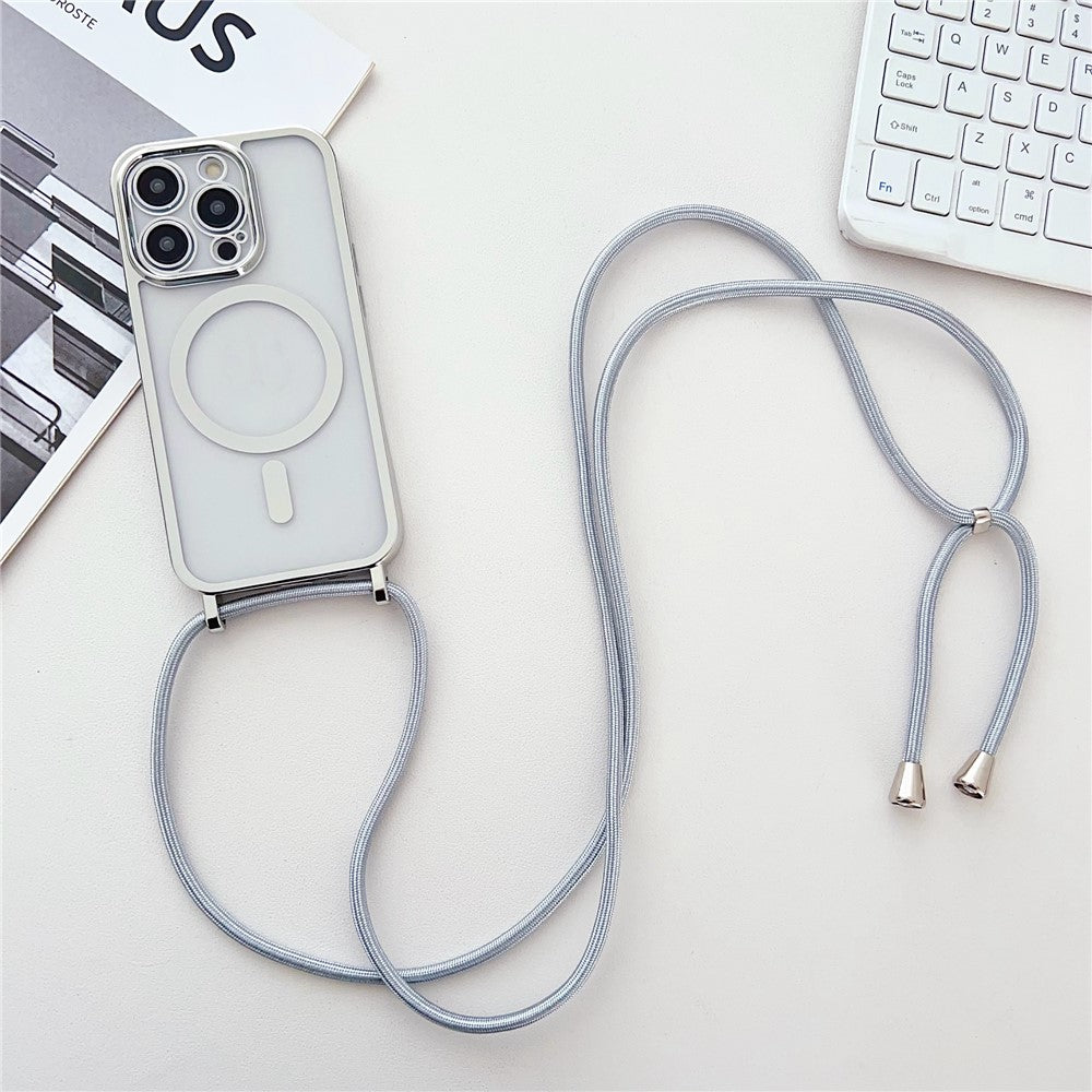 For iPhone 16 Pro Case Compatible with MagSafe Electroplating TPU Cellphone Protector with Long Lanyard