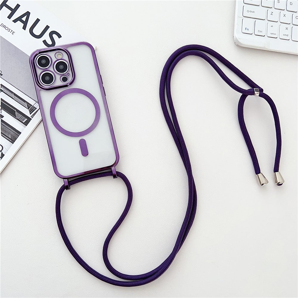 For iPhone 16 Pro Max Case Compatible with MagSafe Electroplating TPU Cellphone Protector with Long Lanyard