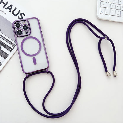 For iPhone 16 Pro Max Case Compatible with MagSafe Electroplating TPU Cellphone Protector with Long Lanyard