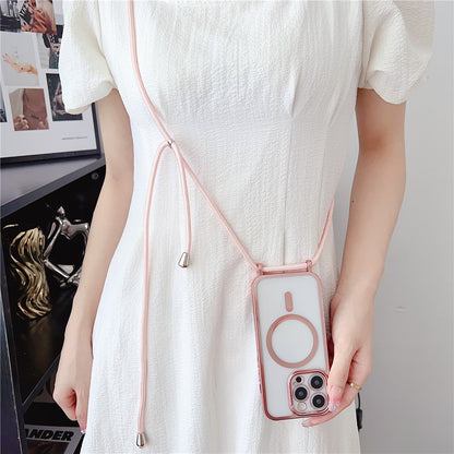 For iPhone 16 Pro Max Case Compatible with MagSafe Electroplating TPU Cellphone Protector with Long Lanyard