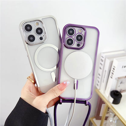 For iPhone 16 Pro Max Case Compatible with MagSafe Electroplating TPU Cellphone Protector with Long Lanyard
