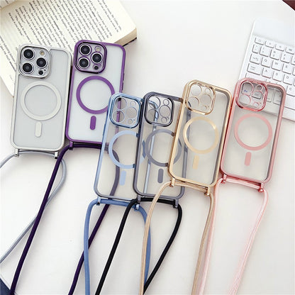 For iPhone 16 Pro Max Case Compatible with MagSafe Electroplating TPU Cellphone Protector with Long Lanyard
