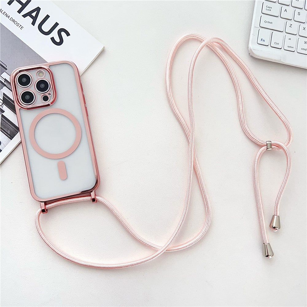 For iPhone 16 Pro Max Case Compatible with MagSafe Electroplating TPU Cellphone Protector with Long Lanyard