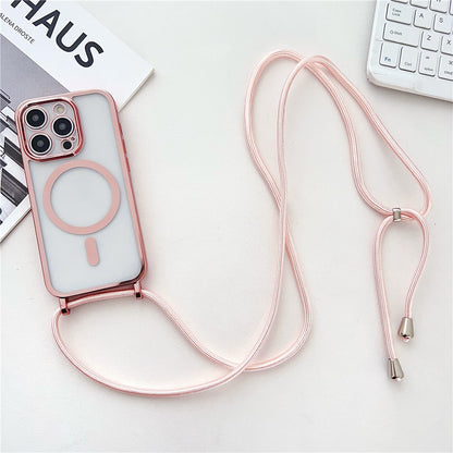 For iPhone 16 Pro Max Case Compatible with MagSafe Electroplating TPU Cellphone Protector with Long Lanyard