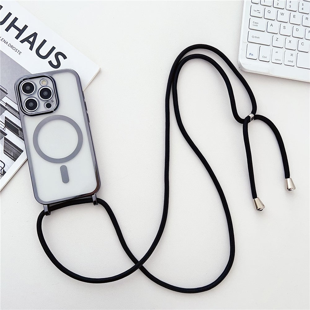 For iPhone 16 Pro Max Case Compatible with MagSafe Electroplating TPU Cellphone Protector with Long Lanyard