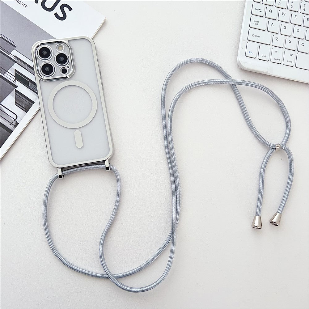 For iPhone 16 Pro Max Case Compatible with MagSafe Electroplating TPU Cellphone Protector with Long Lanyard