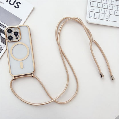 For iPhone 16 Pro Max Case Compatible with MagSafe Electroplating TPU Cellphone Protector with Long Lanyard