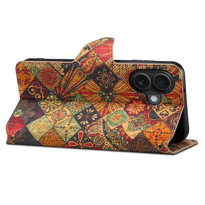 For iPhone 16 Case Flower Printing Stand PU Leather Protective Phone Cover