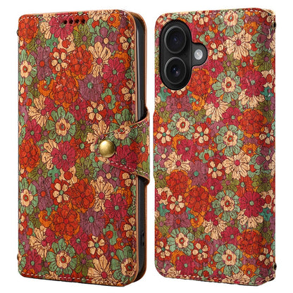 For iPhone 16 Case Flower Printing Stand PU Leather Protective Phone Cover