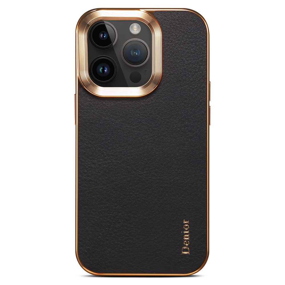 DENIOR For iPhone 16 Pro Max Case Genuine Cow Leather Coated PC+TPU Electroplating Phone Cover