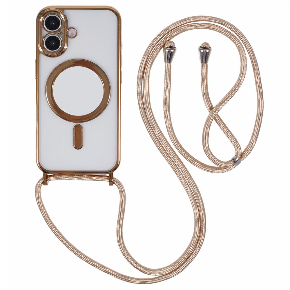 For iPhone 16 Case Compatible with MagSafe Electroplating TPU Cellphone Protector with Long Lanyard
