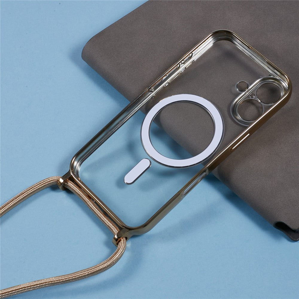 For iPhone 16 Case Compatible with MagSafe Electroplating TPU Cellphone Protector with Long Lanyard