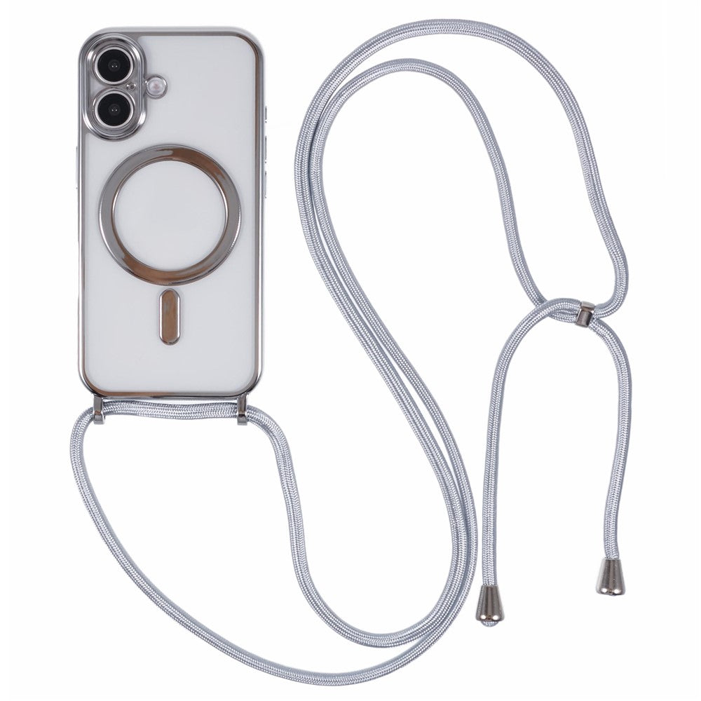 For iPhone 16 Case Compatible with MagSafe Electroplating TPU Cellphone Protector with Long Lanyard