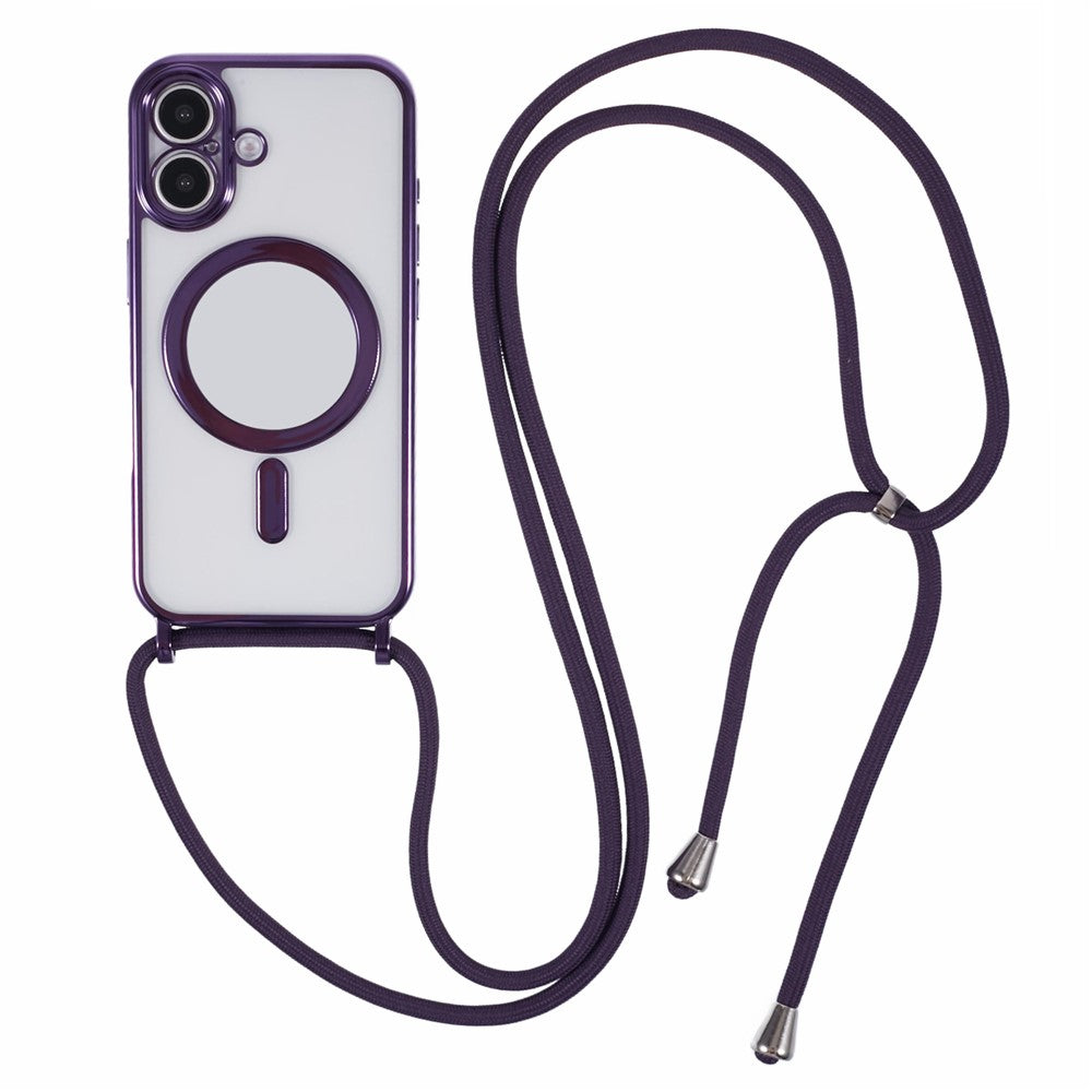 For iPhone 16 Case Compatible with MagSafe Electroplating TPU Cellphone Protector with Long Lanyard