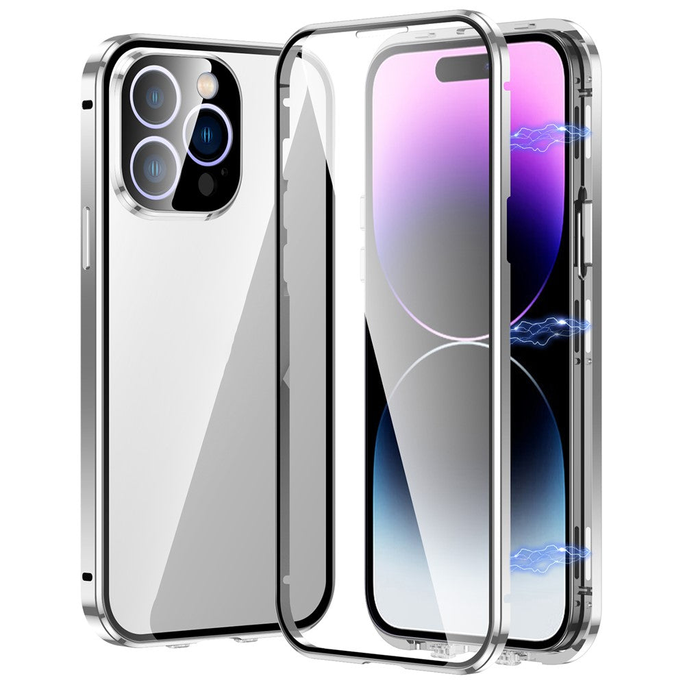 For iPhone 16 Pro Case Magnetic Adsorption Double Sides Tempered Glass+Metal Phone Cover with Buckle