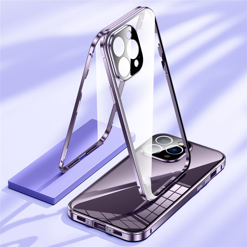 For iPhone 16 Pro Max Case Magnetic Adsorption Double Sides Tempered Glass+Metal Phone Cover with Buckle