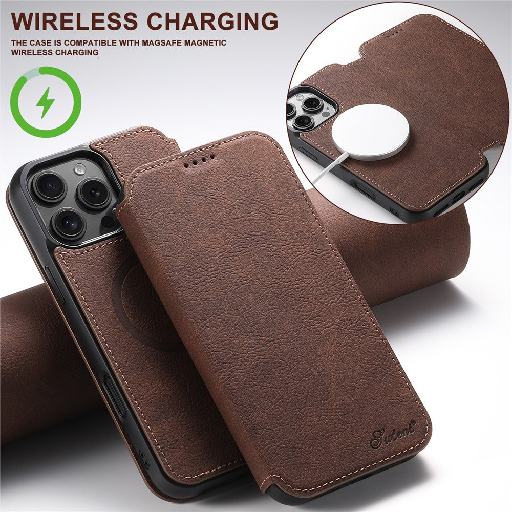 SUTENI J06 For iPhone 16 Pro Case Litchi Texture Leather Wallet Phone Shell Compatible with MagSafe