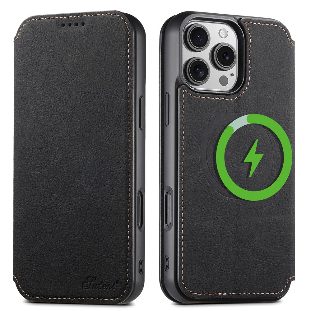 SUTENI J06 For iPhone 16 Pro Case Litchi Texture Leather Wallet Phone Shell Compatible with MagSafe
