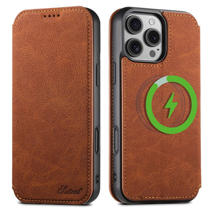 SUTENI J06 For iPhone 16 Pro Case Litchi Texture Leather Wallet Phone Shell Compatible with MagSafe