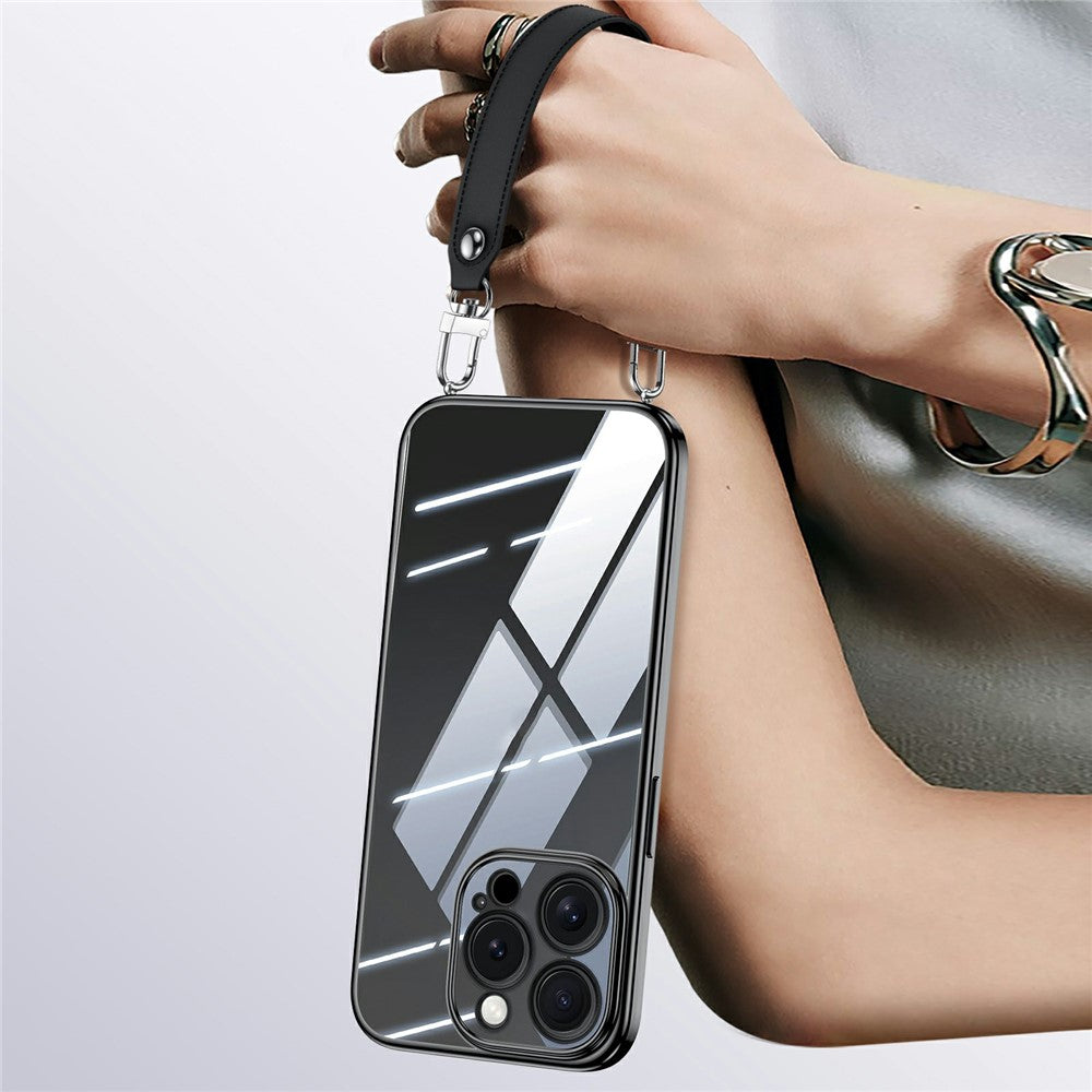 SULADA For iPhone 14 Pro Case Electroplating Ultra Clear Soft TPU Phone Cover with PU Wrist Strap