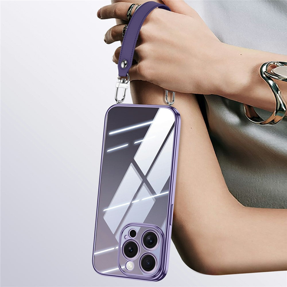 SULADA For iPhone 14 Pro Case Electroplating Ultra Clear Soft TPU Phone Cover with PU Wrist Strap