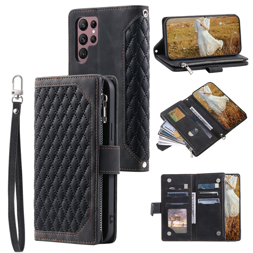 Style 005 For Samsung Galaxy S25 Ultra Wallet Case Rhombus Stitching Line PU Leather Phone Cover